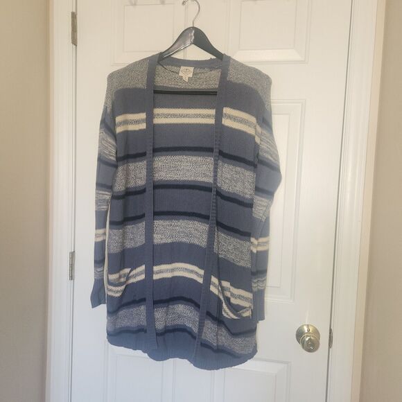 St. Johns Bay Sweater Womens Med Open Front Cardigan Pockets Knit Stripe Blue - Picture 1 of 4